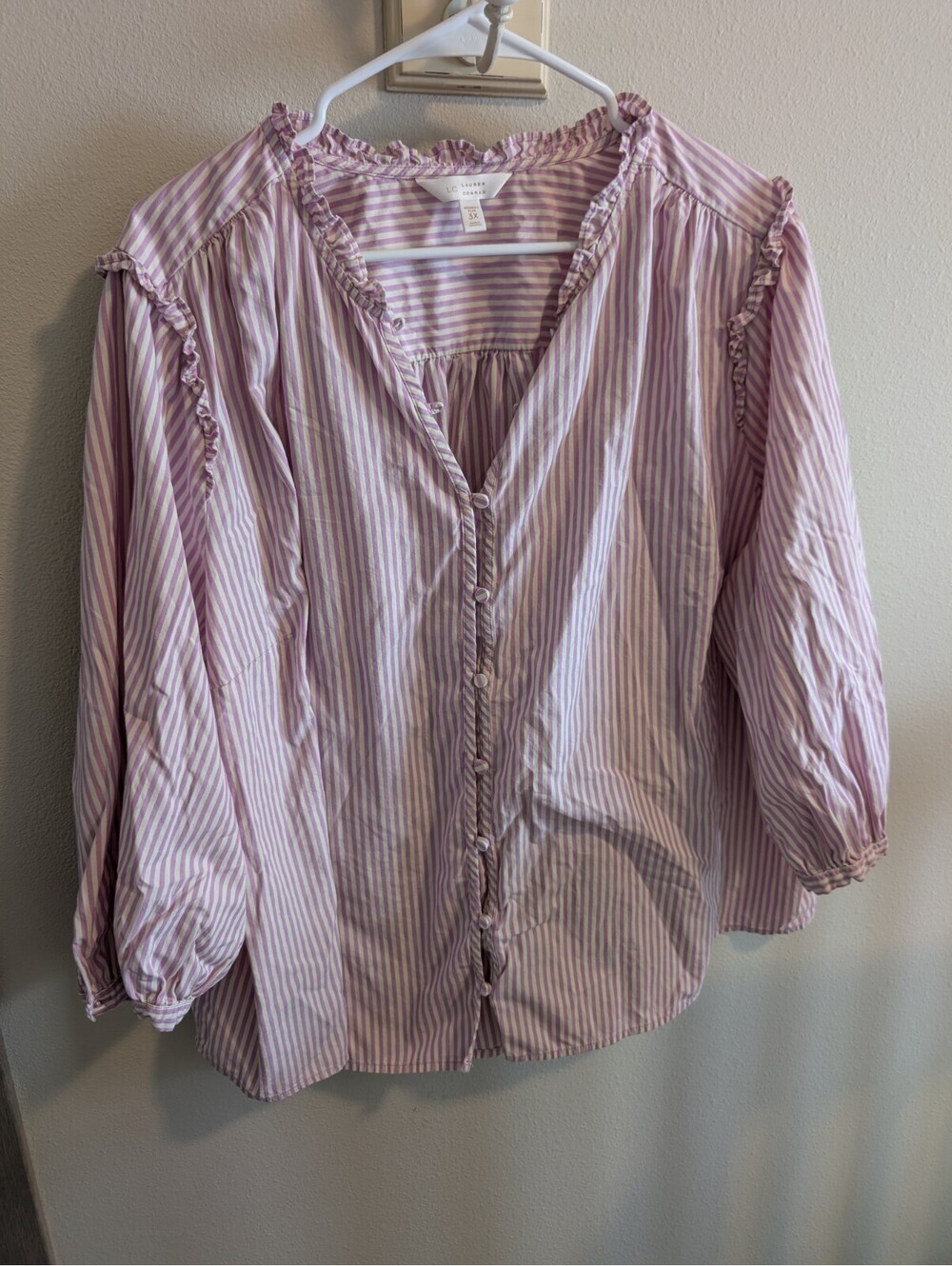 Lauren Conrad Women's 3x Purple Vertical Stripe Button Up Long Sleeve Blouse EUC
